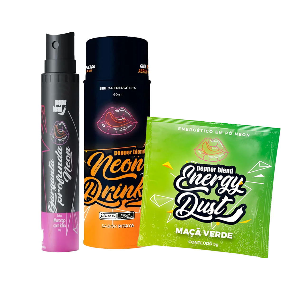 Kit Erótico com Neon Dust, Neon Drink e Garganta Profunda