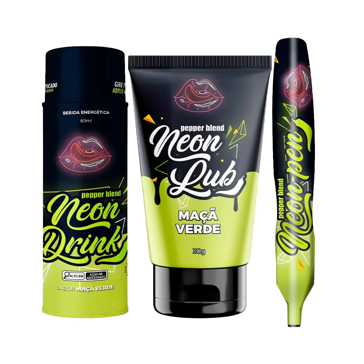 Kit Erótico Maça Verde com Neon Drink, Neon Lub e Neon Pen