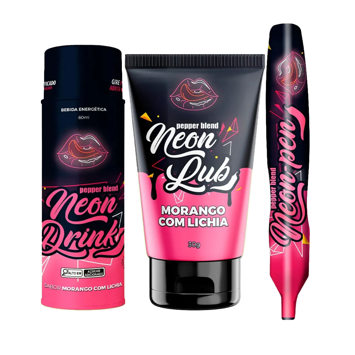 Kit Erótico Morango com Lichia com Neon Drink, Neon Lub e Neon Pen
