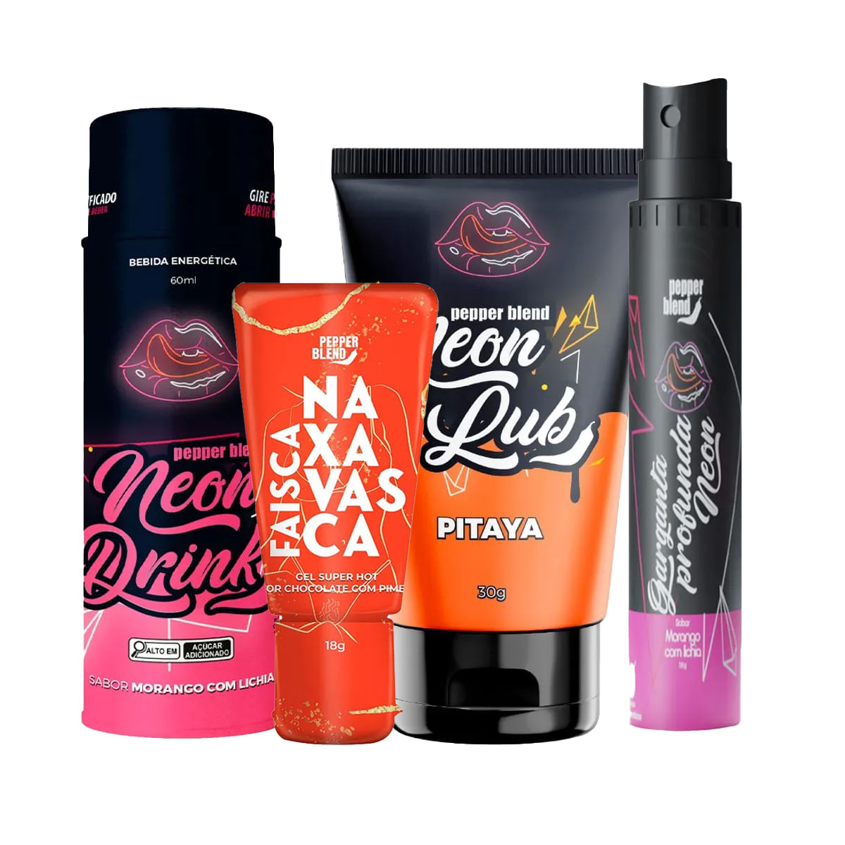 Kit Erótico com Neon Drink, Neon Lub, Garganta Profunda e Faísca na Xavasca