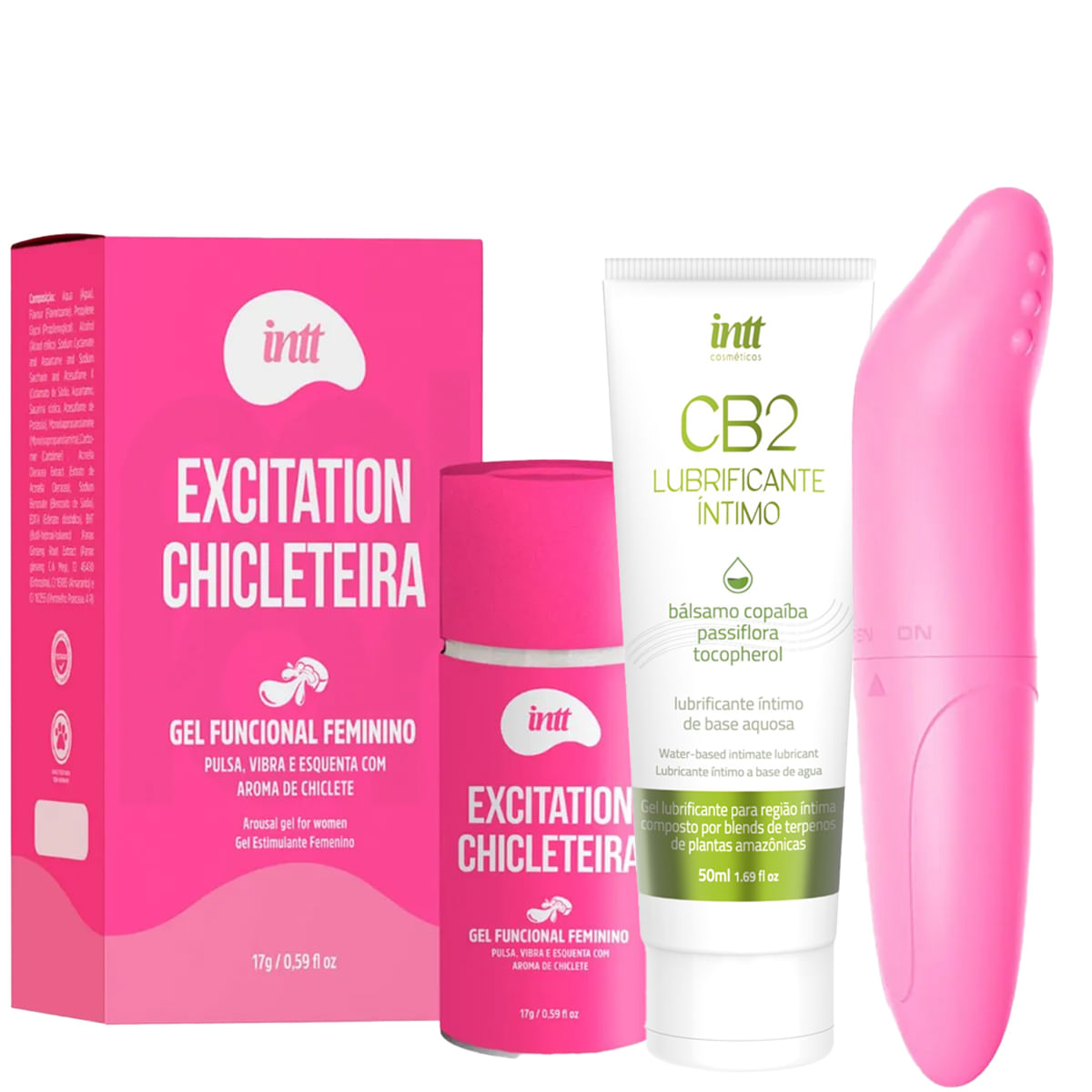 Kit Erótico com Lubrificante CB2, Excitation Chicleteira e Vibrador Ponto G