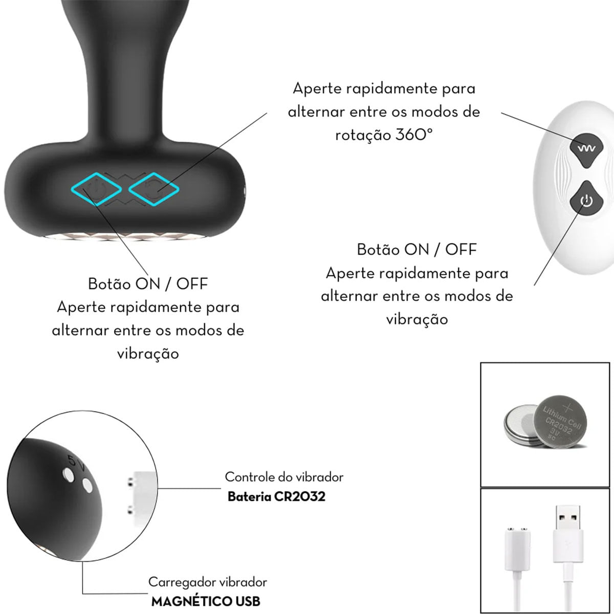 Plug Anal com 10 Modos de Vibrao e 6 Modos de Rotao 360 em Silicone Plug Anal com 10 Modos de Vibrao e 6 Modos de Rotao 360 em Silicone