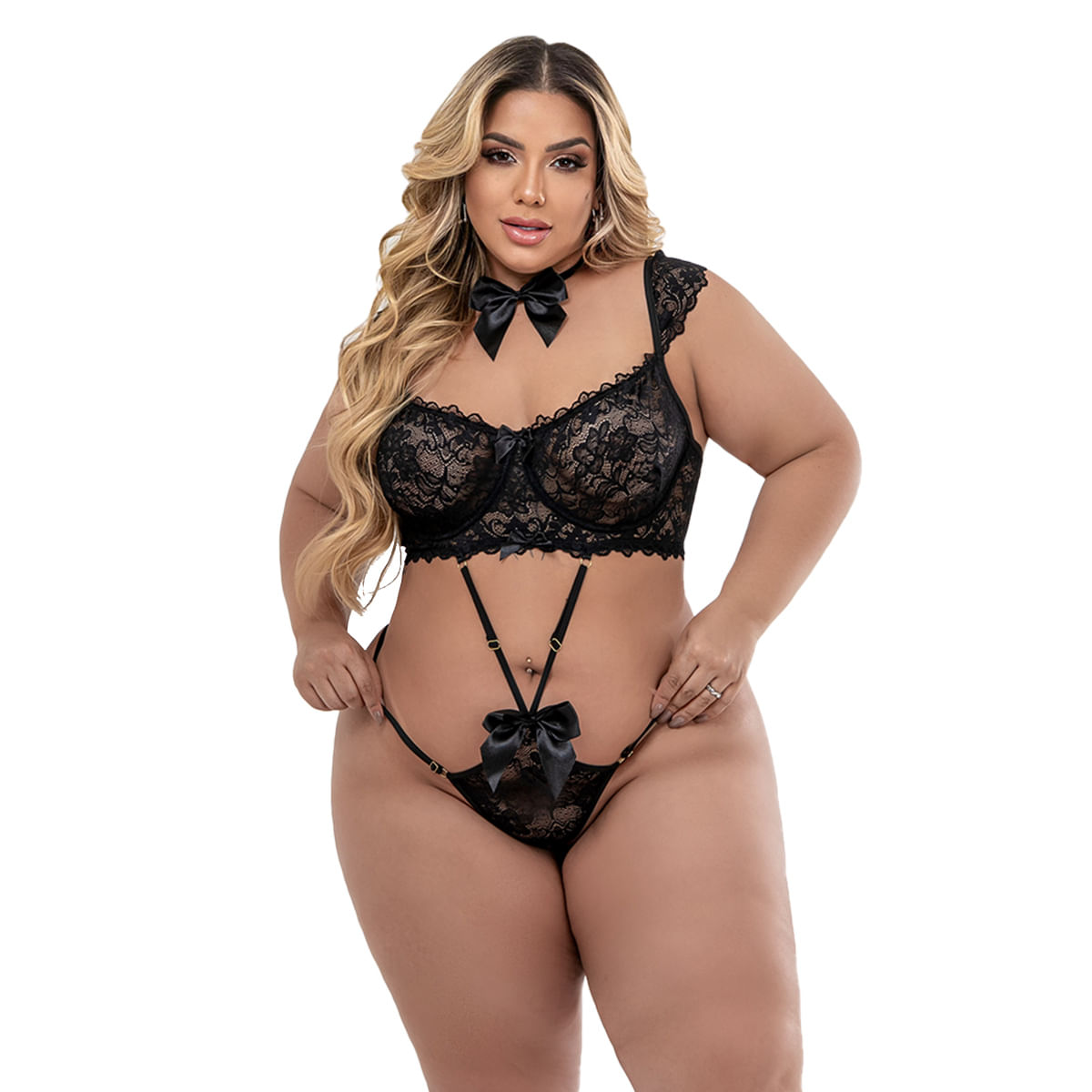 Body Presente Surpresa Plus Size com Colar de Laço Tallyta Moda Apimentada