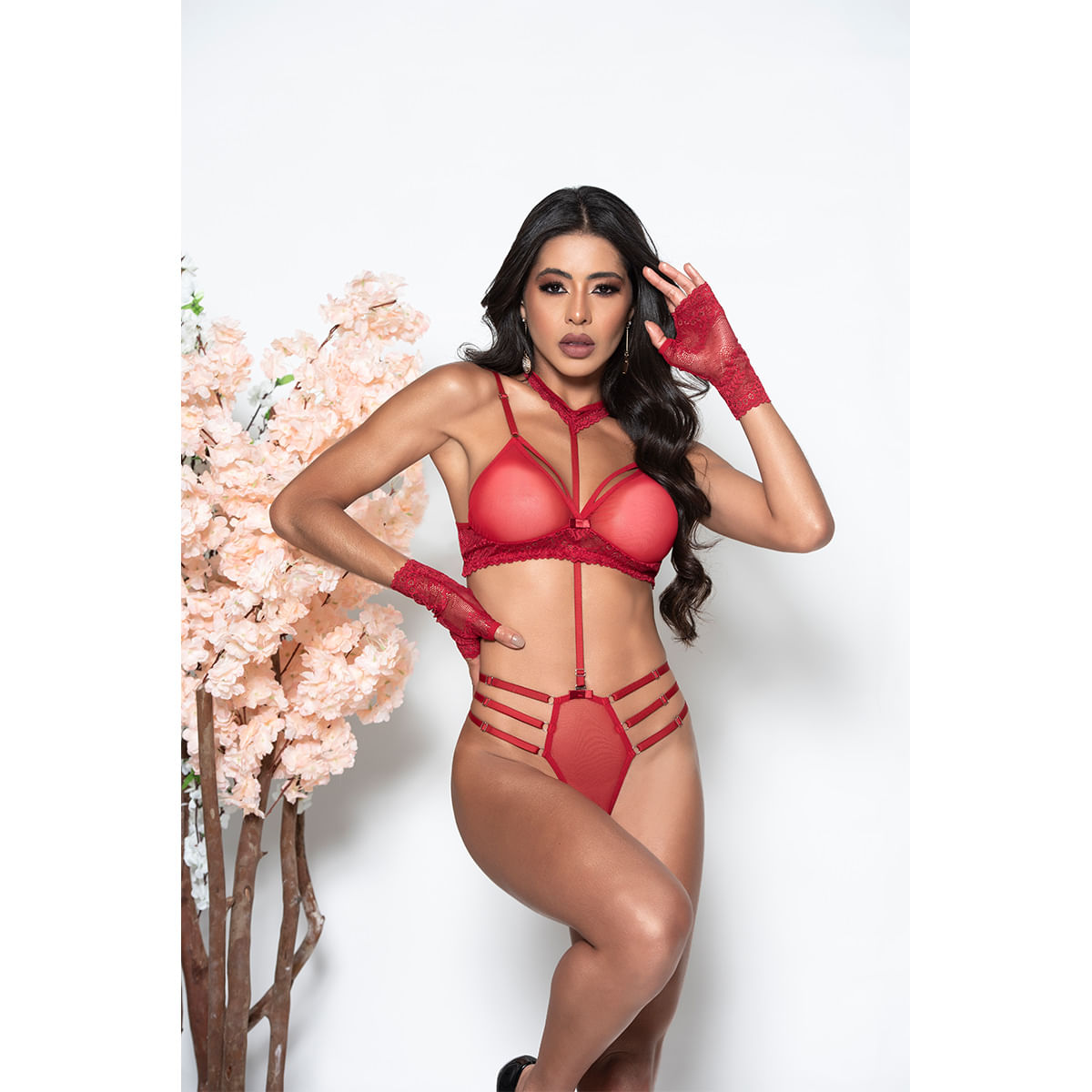 Conjunto Renda e Tule com Luvas Sem Bojo Yaffa Lingerie