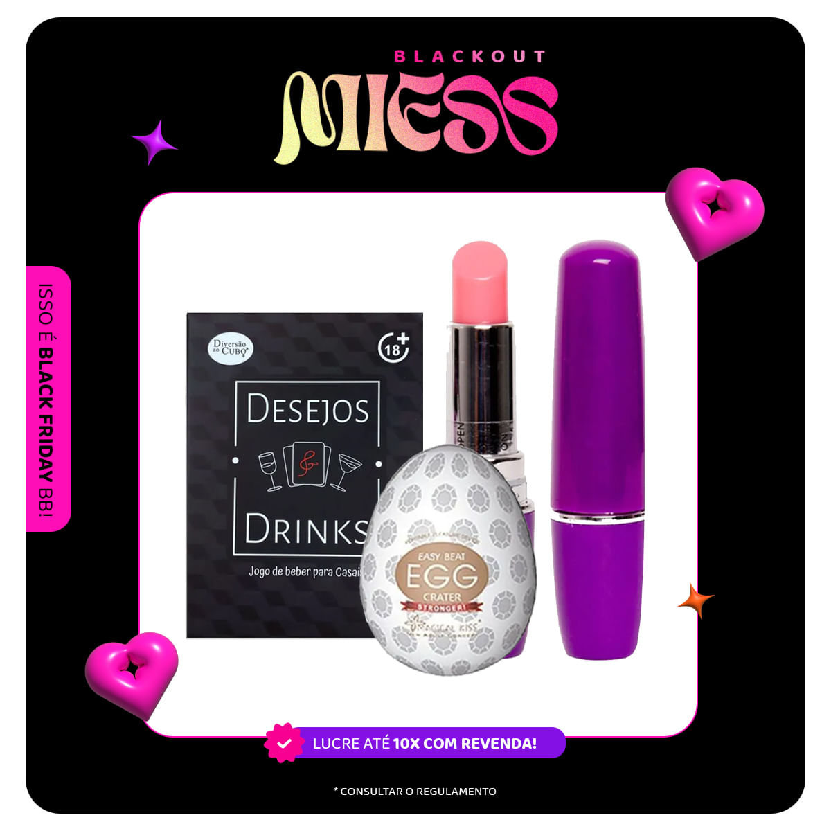 Kit Promocional com Jogo de Cartas Lipstick Vibe Vibrador Batom e Egg Crater - 1 Kit Por Cliente