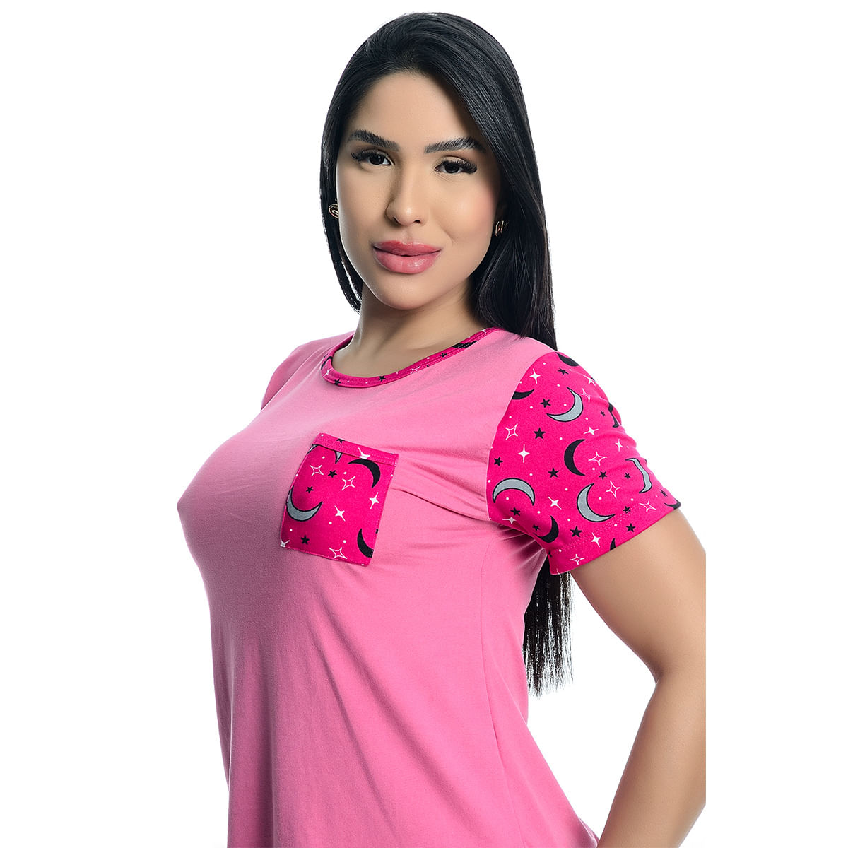Pijama Feminino Shorts e Camiseta com Manga E Bolso Estampado Hot Love
