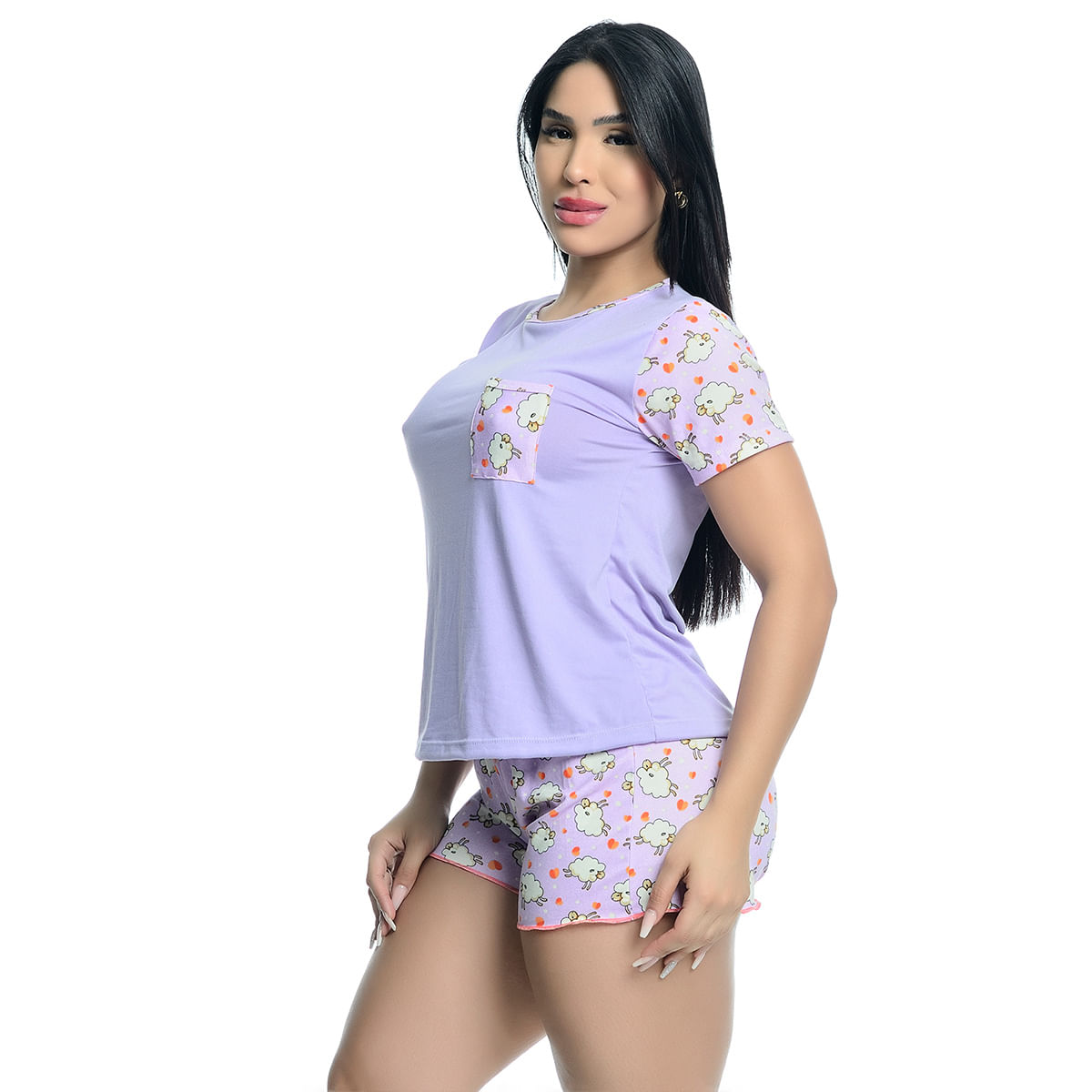 Pijama Feminino Shorts e Camiseta com Manga E Bolso Estampado Hot Love