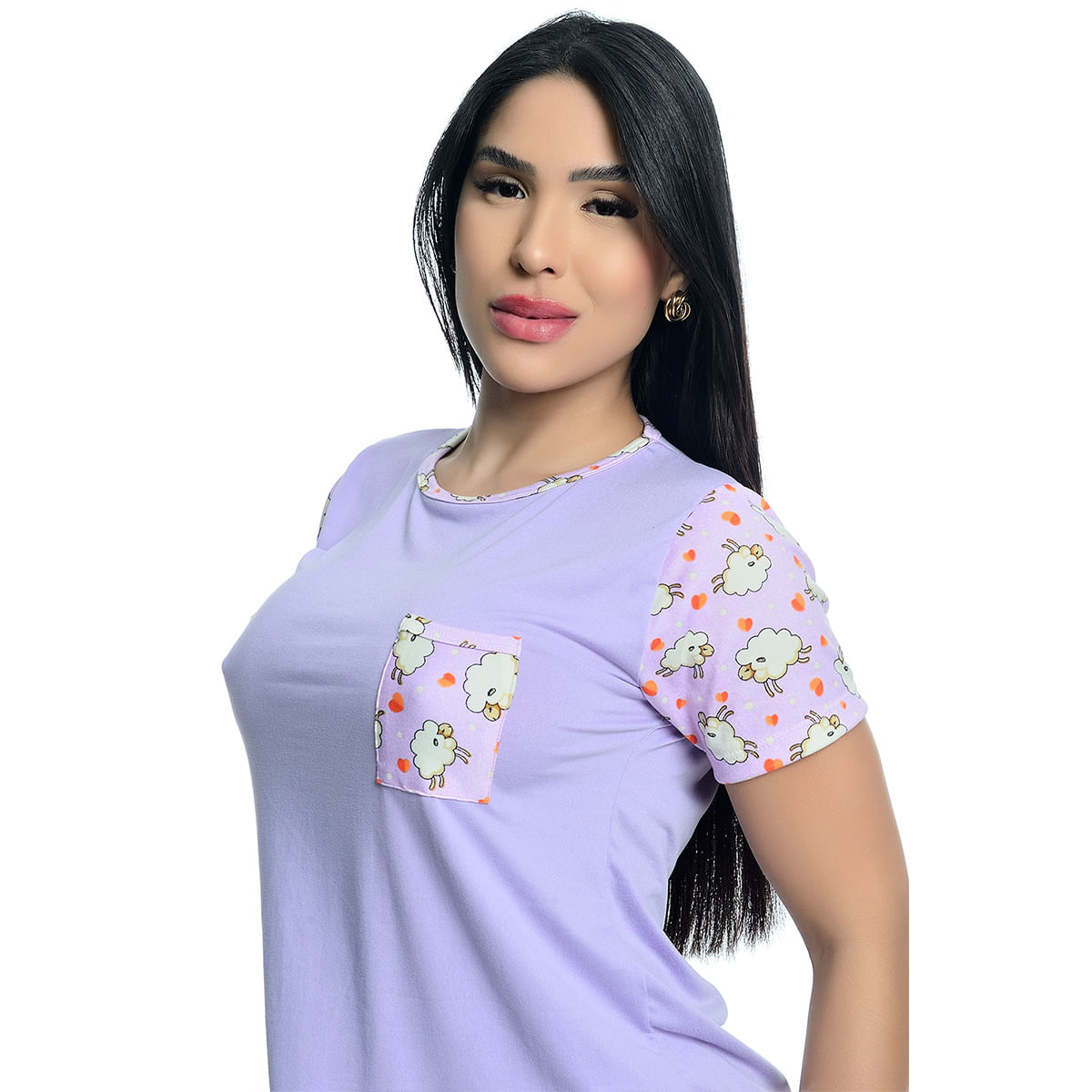 Pijama Feminino Shorts e Camiseta com Manga E Bolso Estampado Hot Love