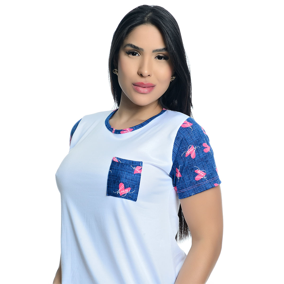 Pijama Feminino Shorts e Camiseta com Manga E Bolso Estampado Hot Love