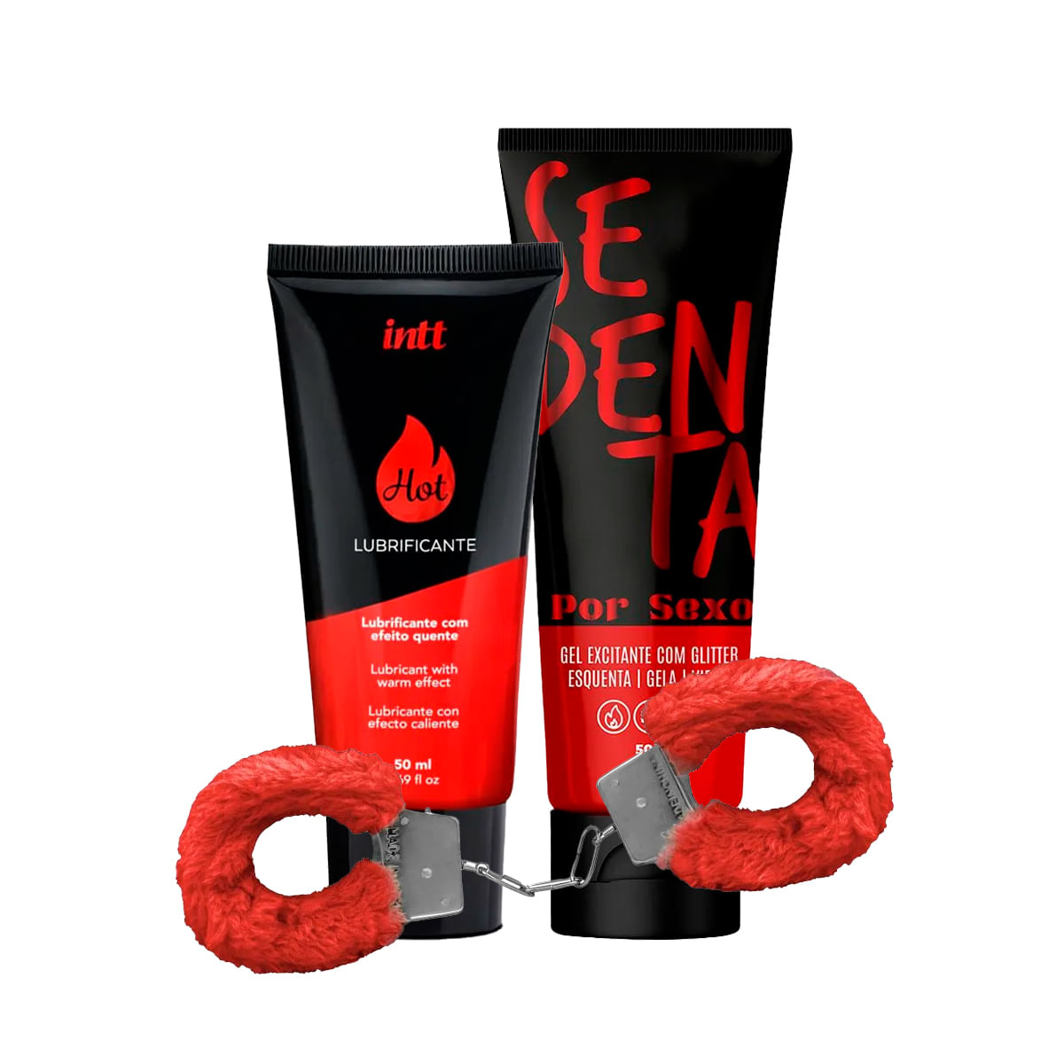 Kit com Lubrificante Hot Sedenta Por Sexo e Algema Pelúcia