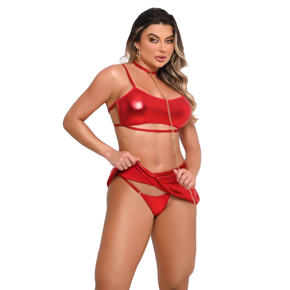 Conjunto Metalizado com Top Calcinha Saia e Choker com Corrente Yaffa Lingerie