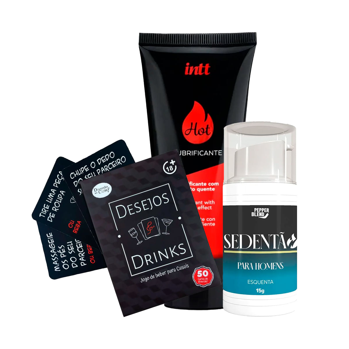 Kit Promocional com Lubrificante Hot Morango Sedentão e Desejos e Drinks Jogo - 5 Kits Por Cliente
