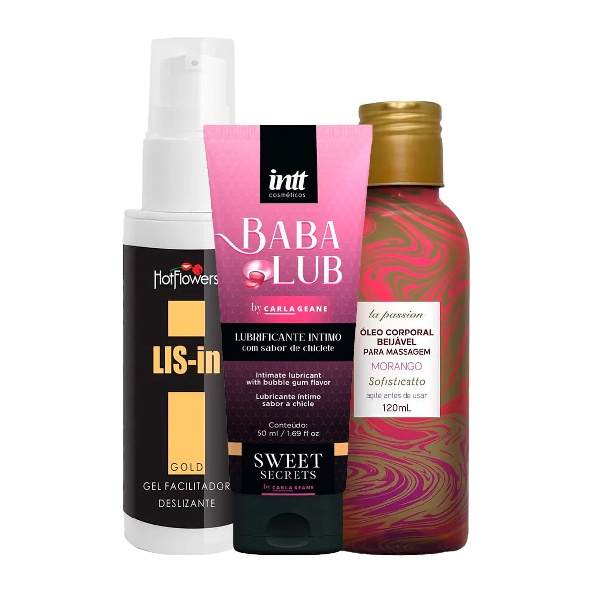 Kit Promocional com Babalub LIS-In e Óleo Corporal Beijável Aroma Morango- 5 Kits Por Cliente