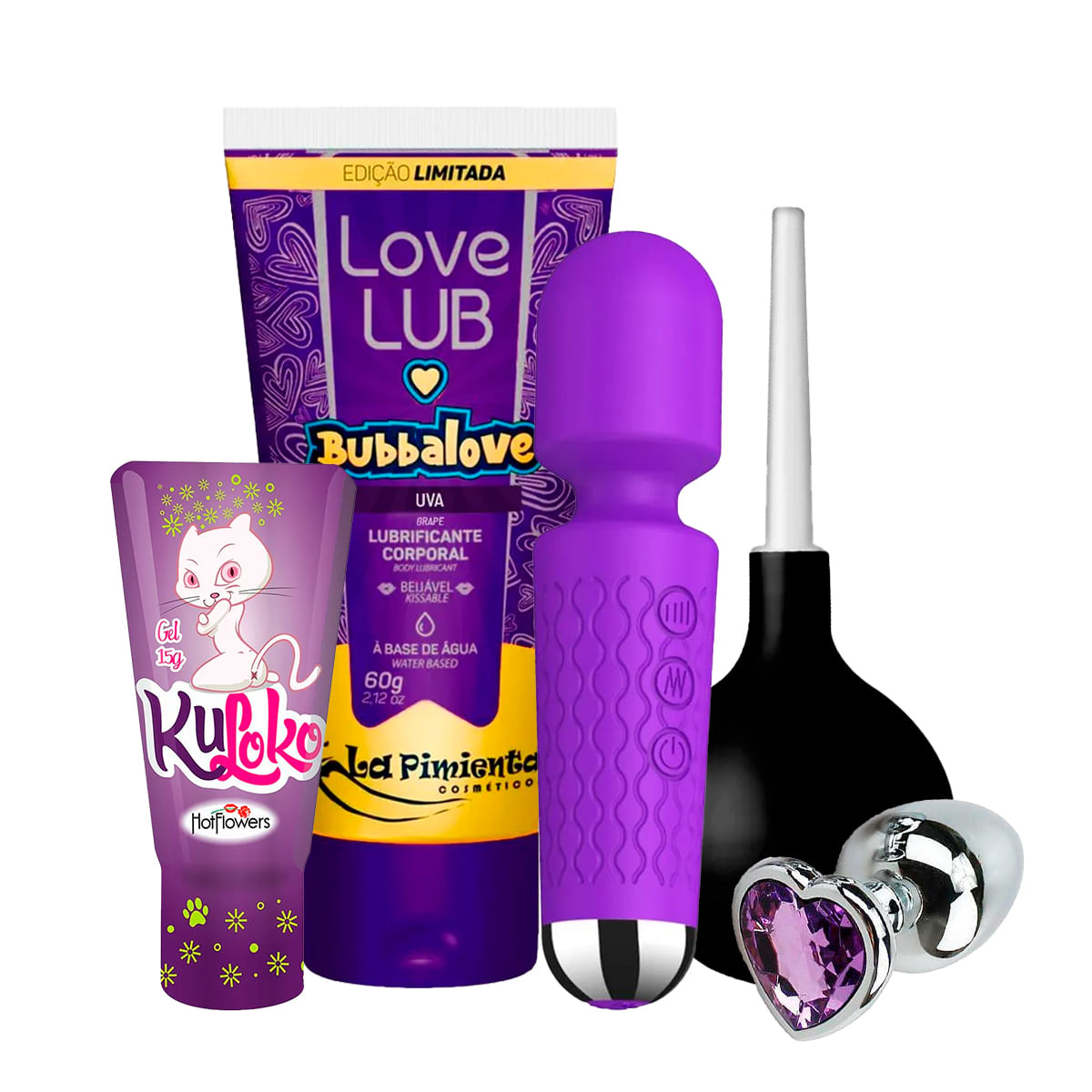 Kit Anal com Plug M Kuloko Love Lub Bubbalove Varinha Mágica e Ducha Higiênica 200ml