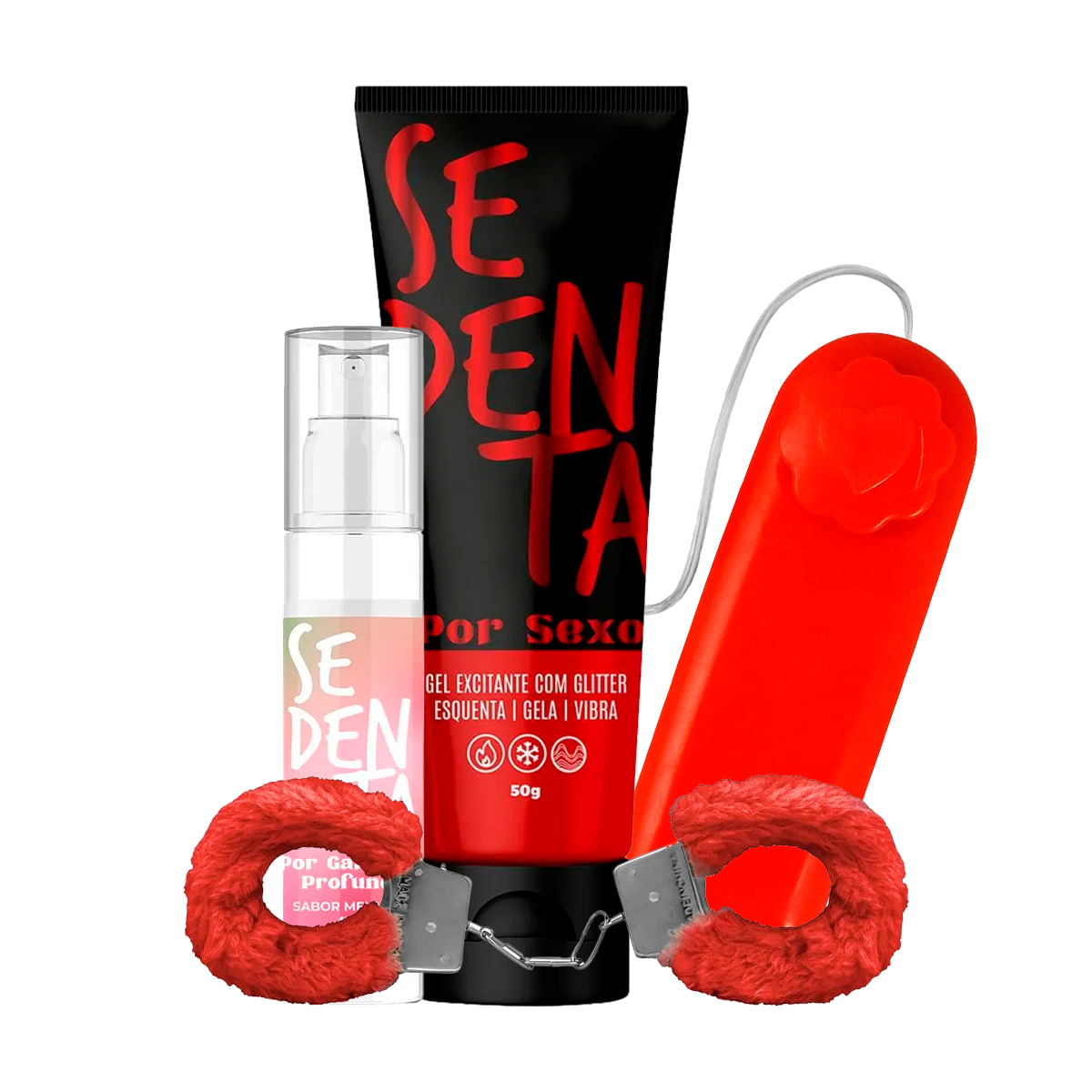 Kit Promocional com sedenta Por Sexo  Algema Bullet Cápsula e Sedenta por Garganta Profunda