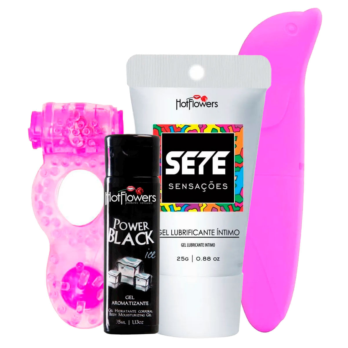 Kit Promocional com Sete Sensações Vibrador Ponto G Aveludado Power Black Ice e Anel - 5 Por Cliente
