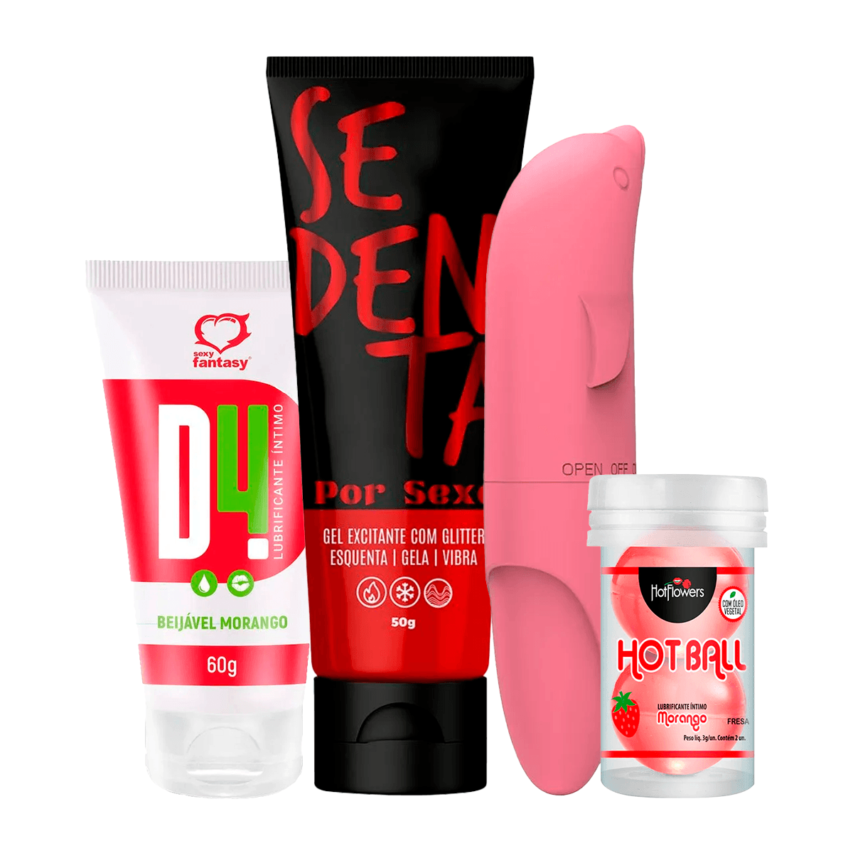 Kit Promocional com D4 Lubrificante Sedenta Por Sexo Hot Ball e Vibrador Golfinho - 5 Por Cliente