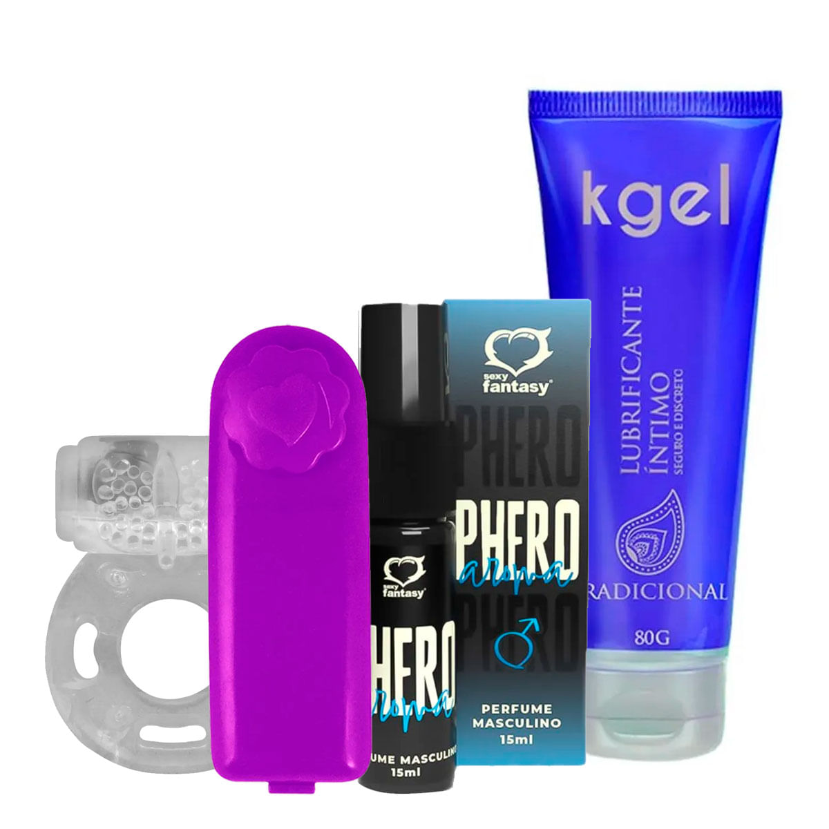 Kit Promocional com Kgel Lubrificante Tradicional Perfume Phero Masculino Bullet e Anel - 5 Por Clie