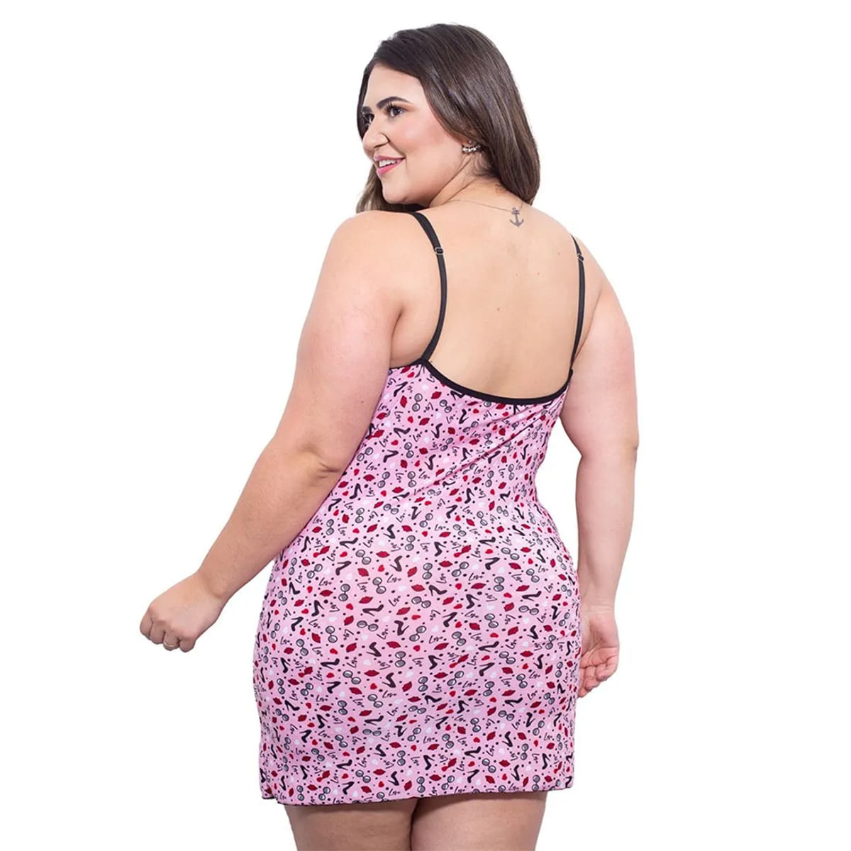 Camisola Plus Estampada com Detalhes em Renda Hot Love