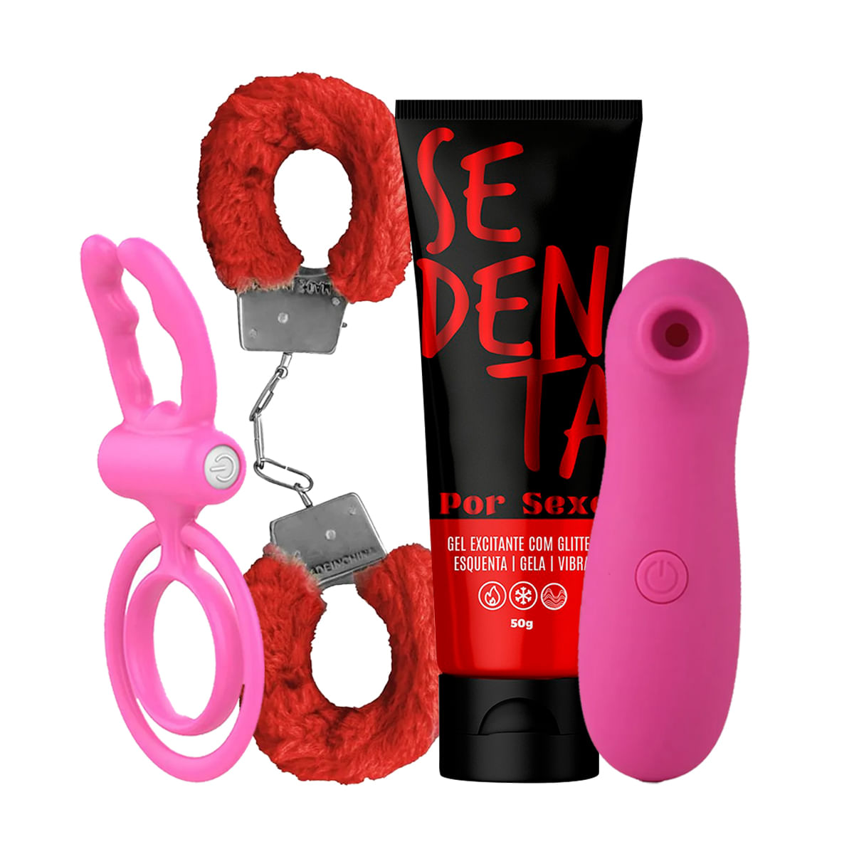 Kit Promocional com Estimulador de Clitóris Sedenta Por Sexo Anel Peniano e Algemas - 5 Por Cliente