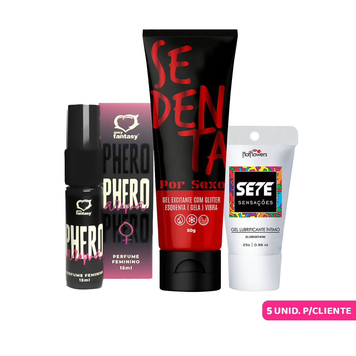 Kit Promocional com Sete Sensações Perfume Phero Aroma Feminino e Sedenta Por Sexo - 5 por Cliente