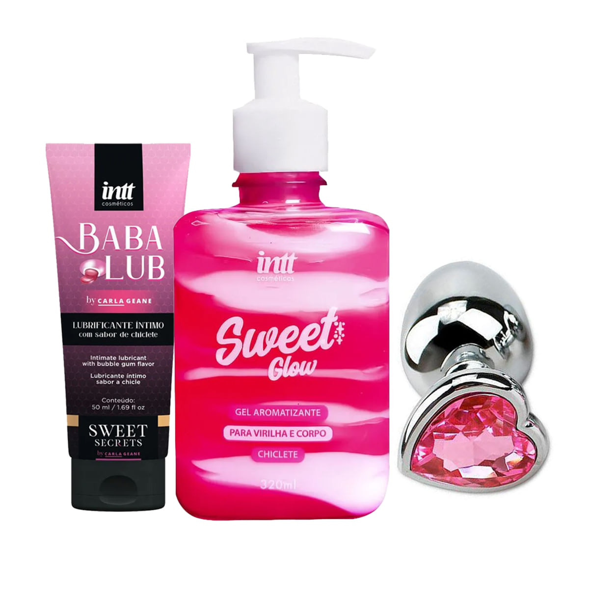 Kit Promocional com Babalub Lubrificante Plug Anal com Cristal Coração e Sweet Glow