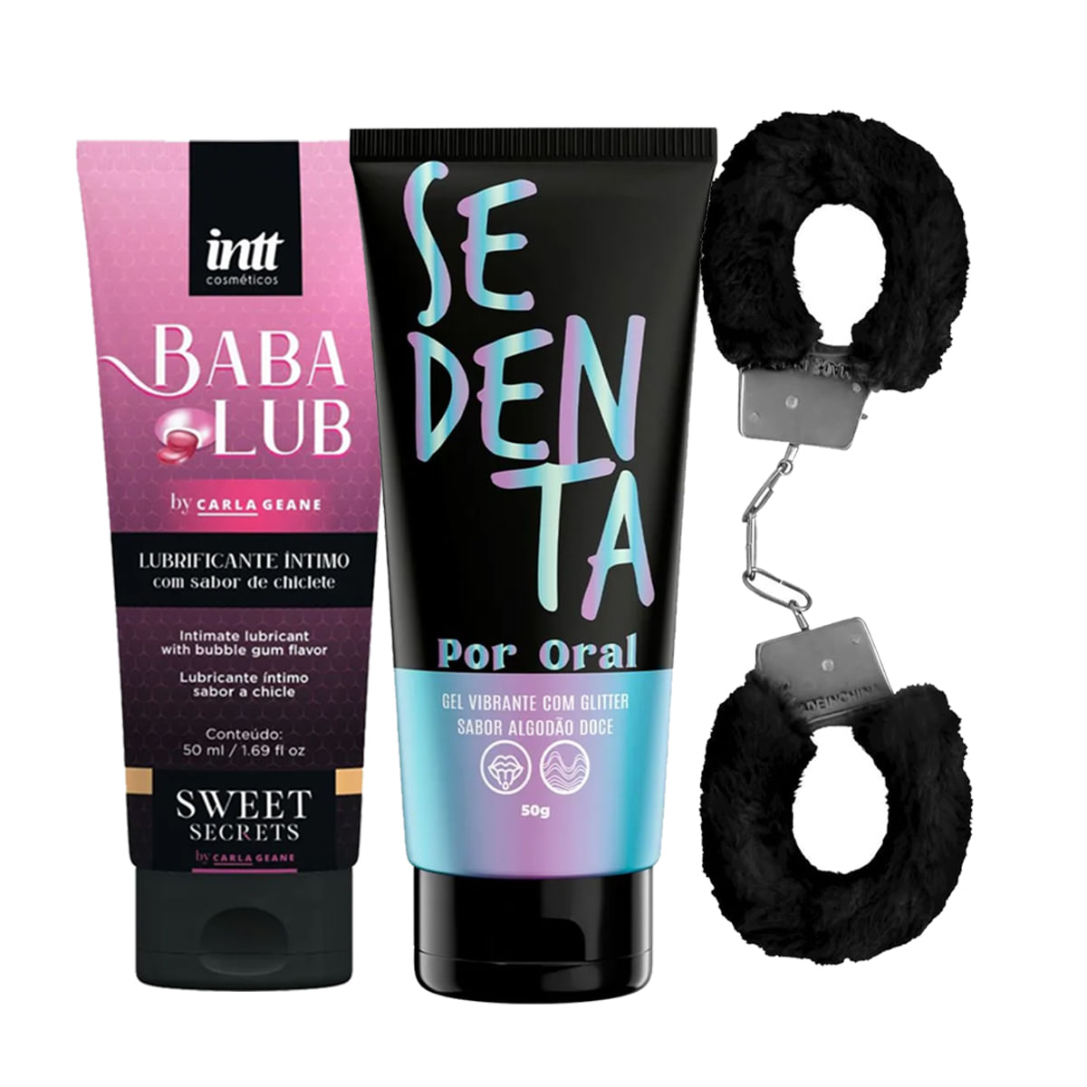 Kit Promocional com Babalub Lubrificante Sedenta Por Oral e Algema de Metal Pelúcia
