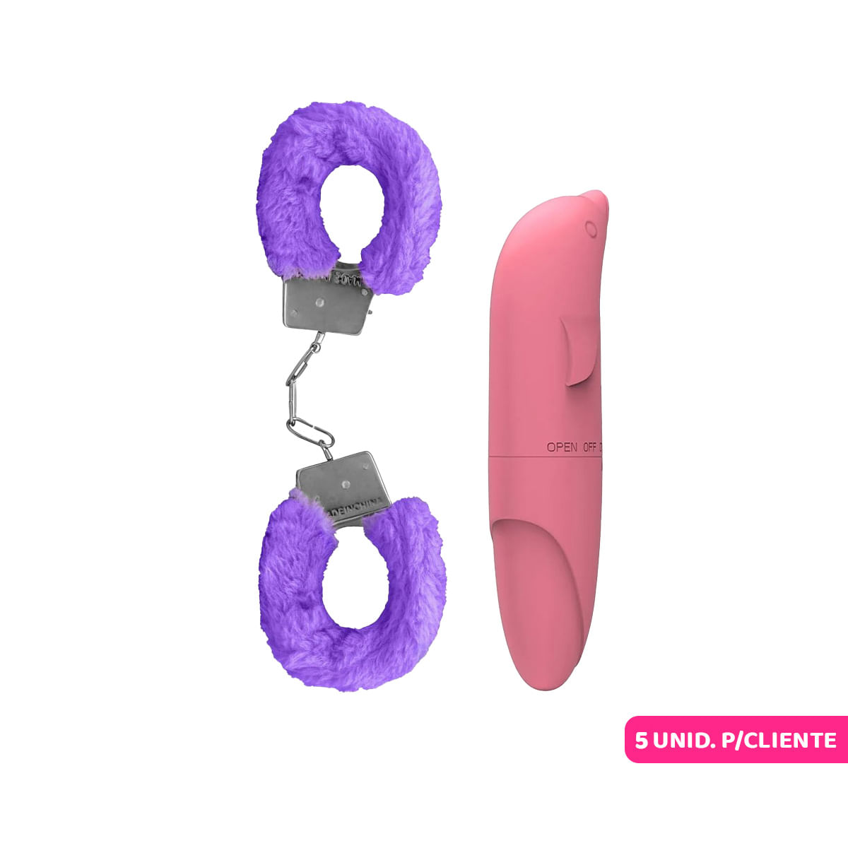 Duplinha Promocional com Vibrador Ponto G em Formato de Golfinho e Algema de Metal Pelúcia