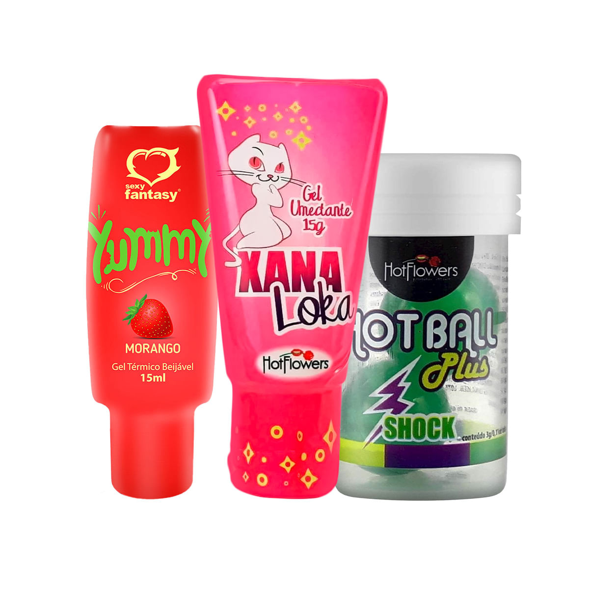 Kit Promocional com Xana Loka Hot Ball Plus Shock e Yummy Gel