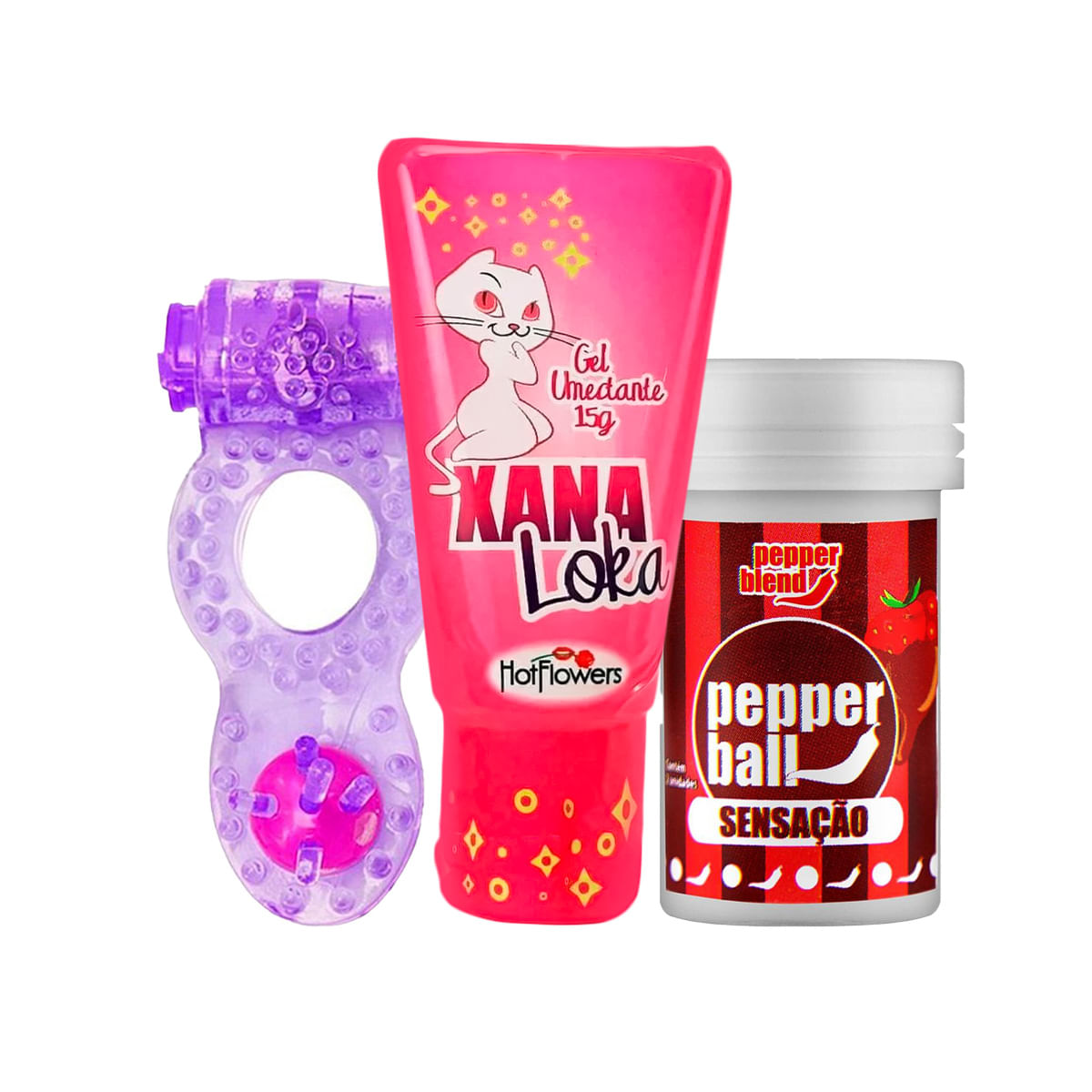 Kit Promocional com Xana Loka Pepper Ball Bolinha Explosiva e Sedenta Gelada e Anel Peniano