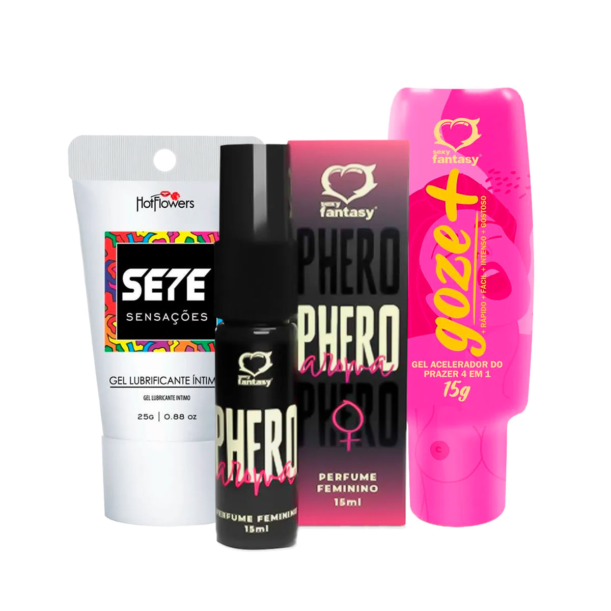 Kit com Perfume Phero Aroma Feminino Sete Sensações e Goze +