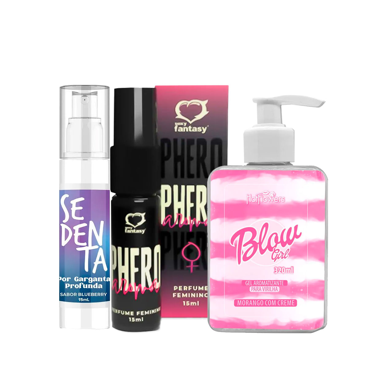 Kit Promocional com Perfume Phero Aroma Feminino Blow Girl e Sedenta por Garganta Profunda