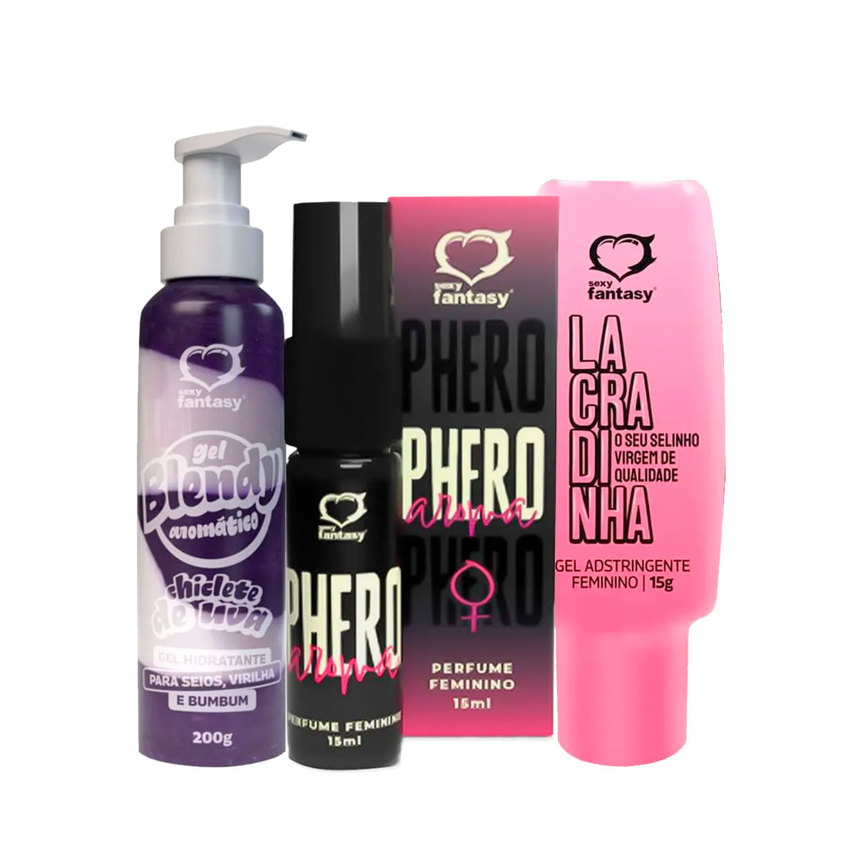 Kit Promocional com Perfume Phero Aroma Feminino Blendy Gel Aromatizante e Lacradinha
