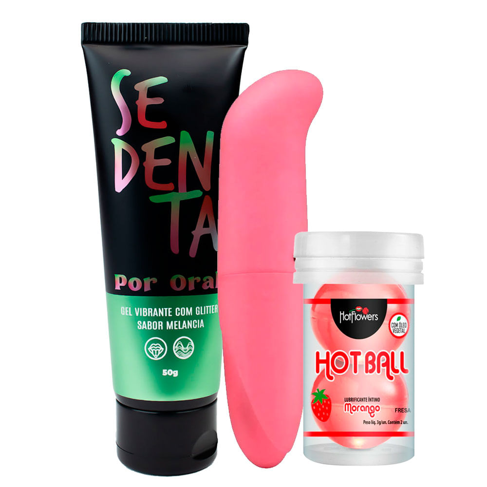 Kit Promocional com Sedenta por Oral Melancia Vibrador Ponto G ABS Liso e Hot Ball Beija Muito