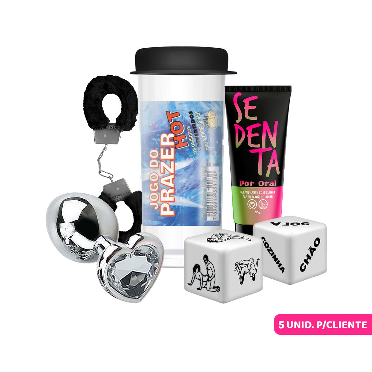 Kit Promocional com Sedenta Por Oral Plug Anal Coração 7x2,8cm Algema e Jogo do Prazer Hot