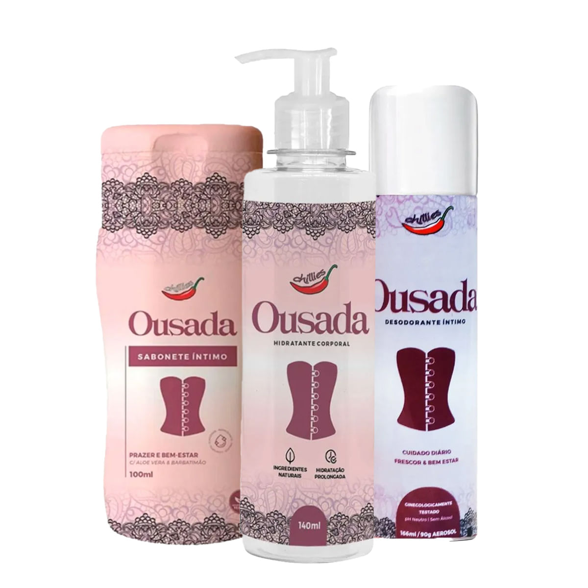 Kit Promocional com Ousada Sabonete Íntimo Ousada Hidratante Corporal e Ousada Desodorante Íntimo