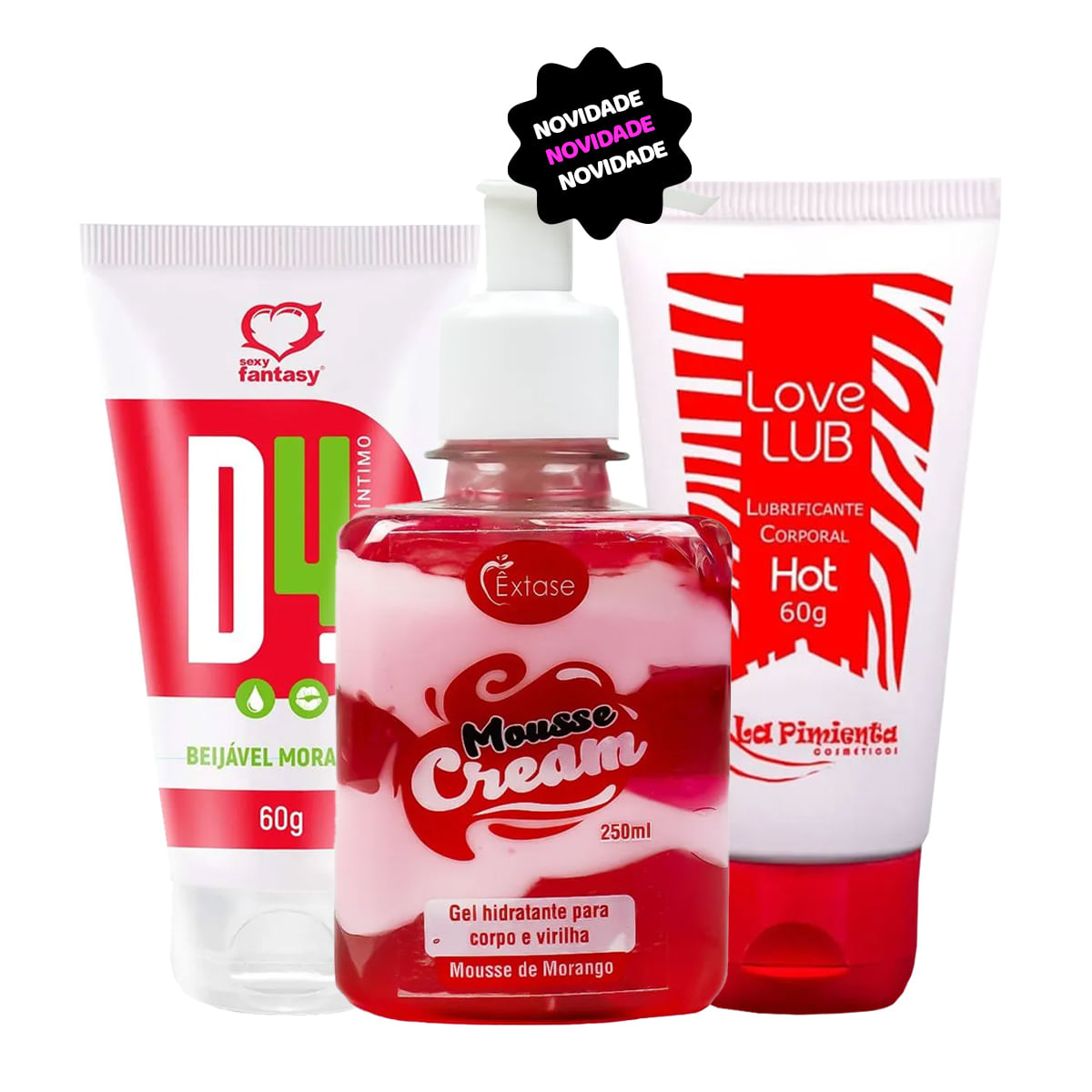 Kit Promocional com Mousse Cream D4 Lubrificante Íntimo Beijável e Love Lub Hot