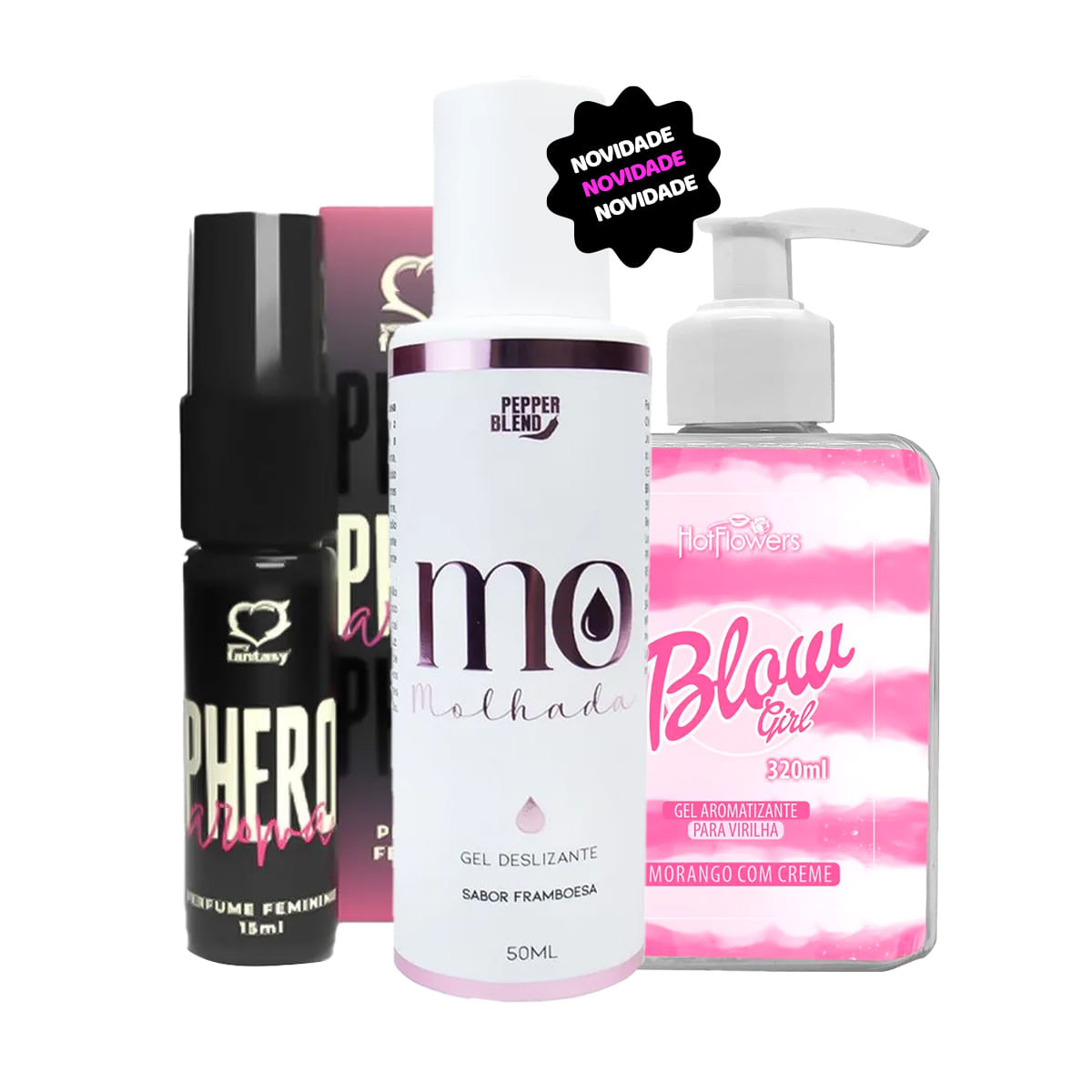 Kit Promocional com Perfume Phero Aroma Feminino Lubrificante Íntimo Mo Molhada e Blow Girl