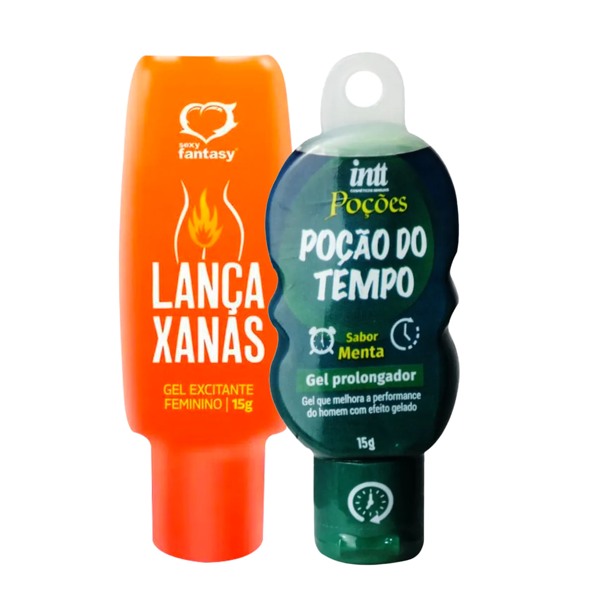 Duplinha com Lança Xanas Gel Excitante Feminino e Poção do Tempo Gel Prolongador Masculino
