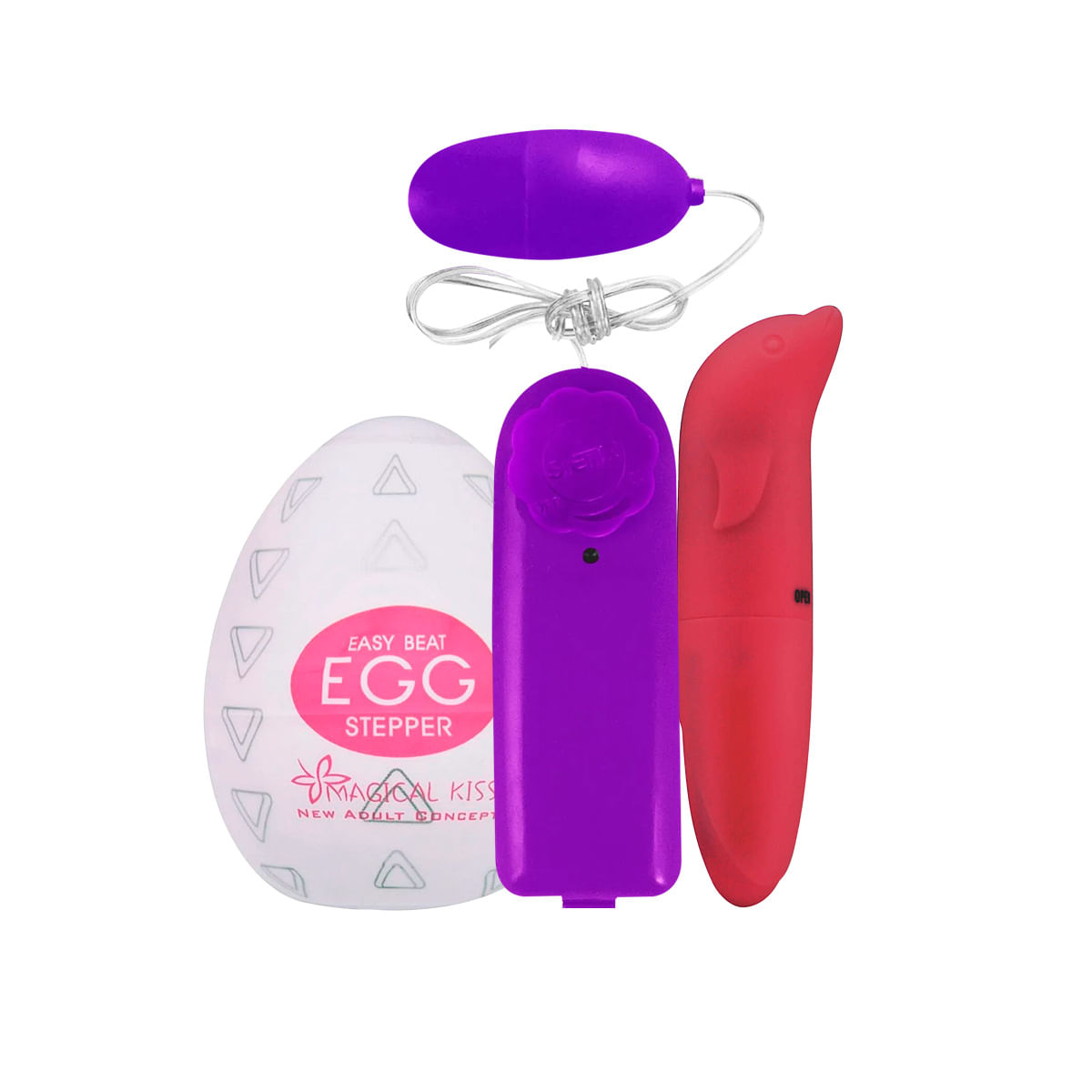 Kit com Vibrador Ponto G Golfinho Aveludado Egg Stepper e Bullet