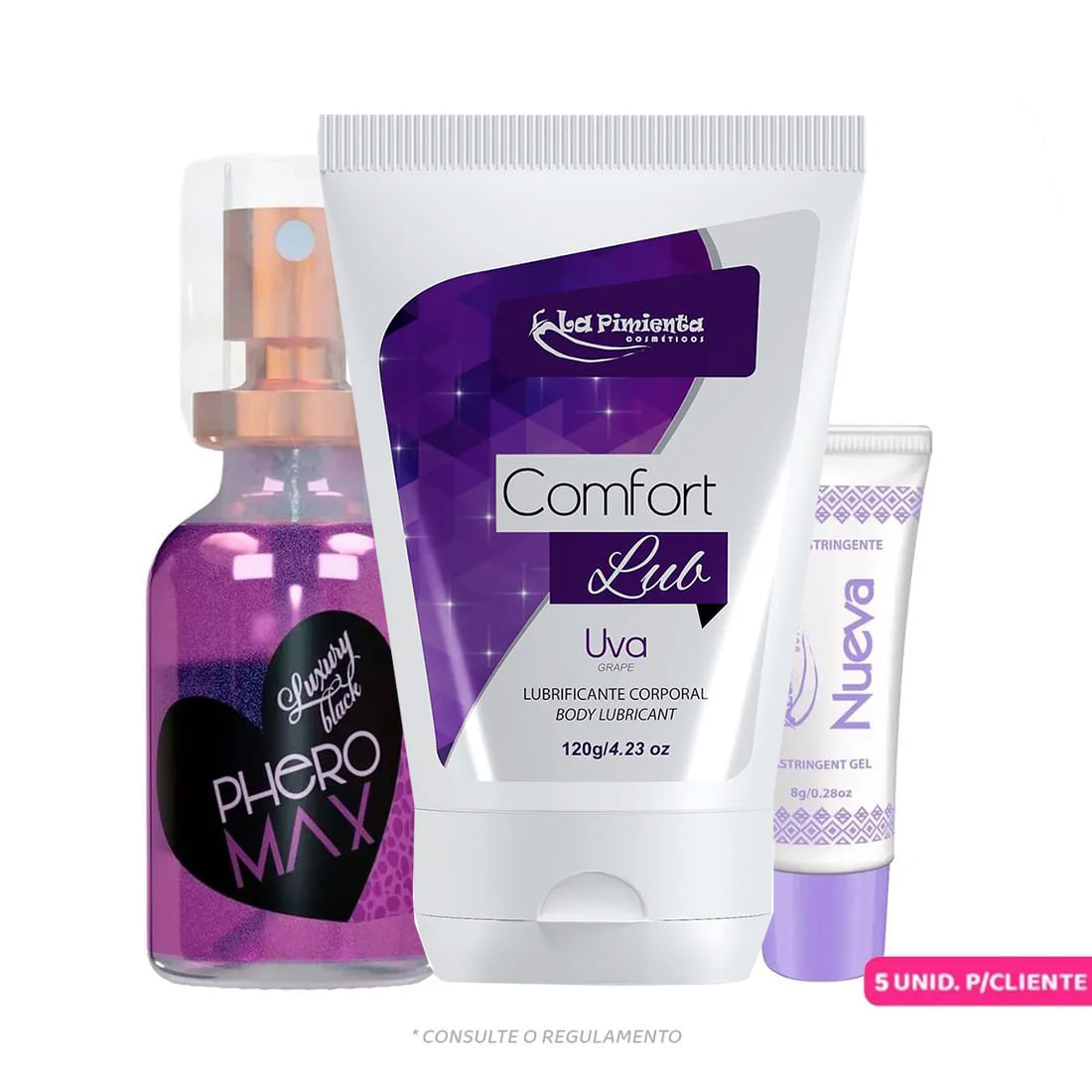 Kit Promocional com Comfort Lub Uva, Phero Max Deo Colônia Luxury Black e Nueva Gel Adstringente