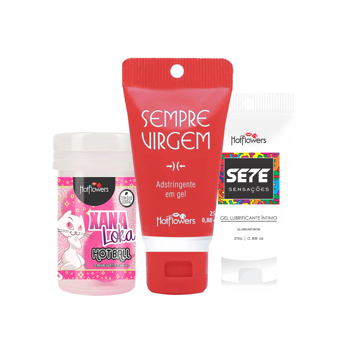 Kit com Sempre Virgem Sete Sensações e Hot Ball Xana Loka