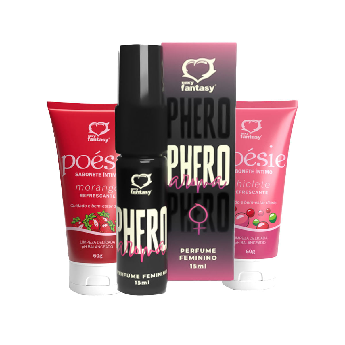 Kit com Sabonete Íntimo Refrescante Poésie Morango e Chiclete e Perfume Phero Feminino