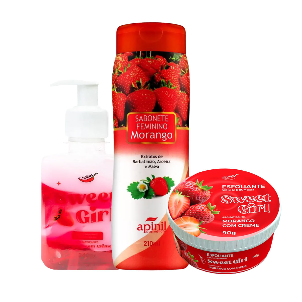 Kit com Hidratante Gel Sweet Girl Esfoliante Sweet Girl e Sabonete Íntimo de Morango