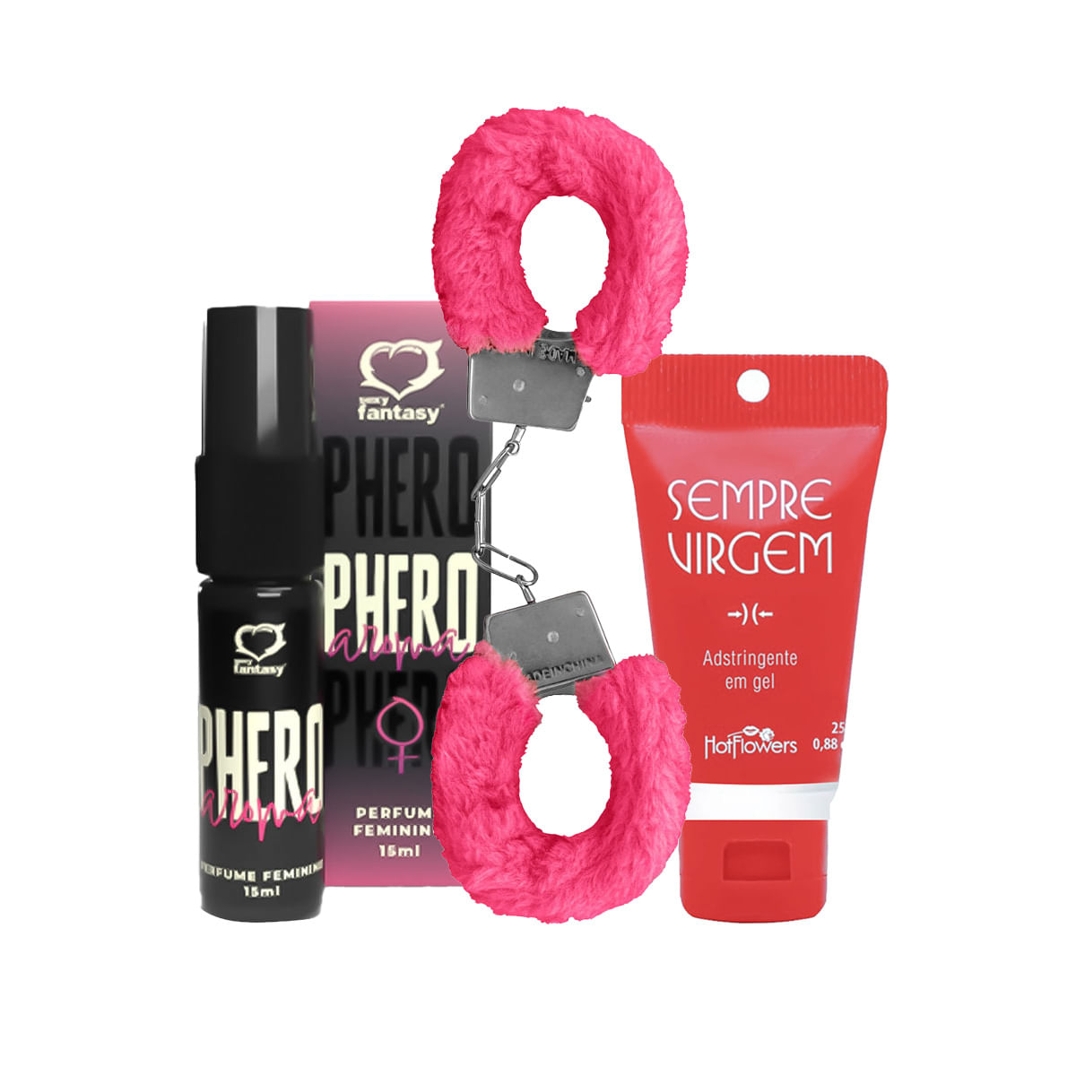 Kit com Sempre Virgem Algema de Metal Pelúcia e Perfume Phero Feminino