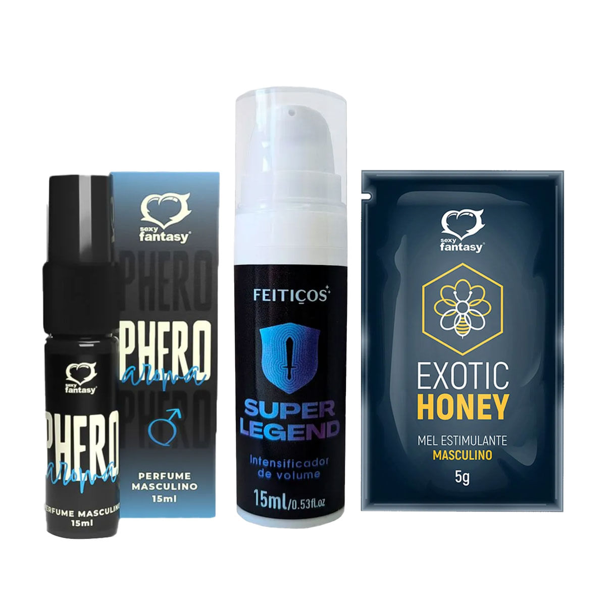 Kit com Super Legend Exotic Honey Sachê e Perfume Phero Masculino