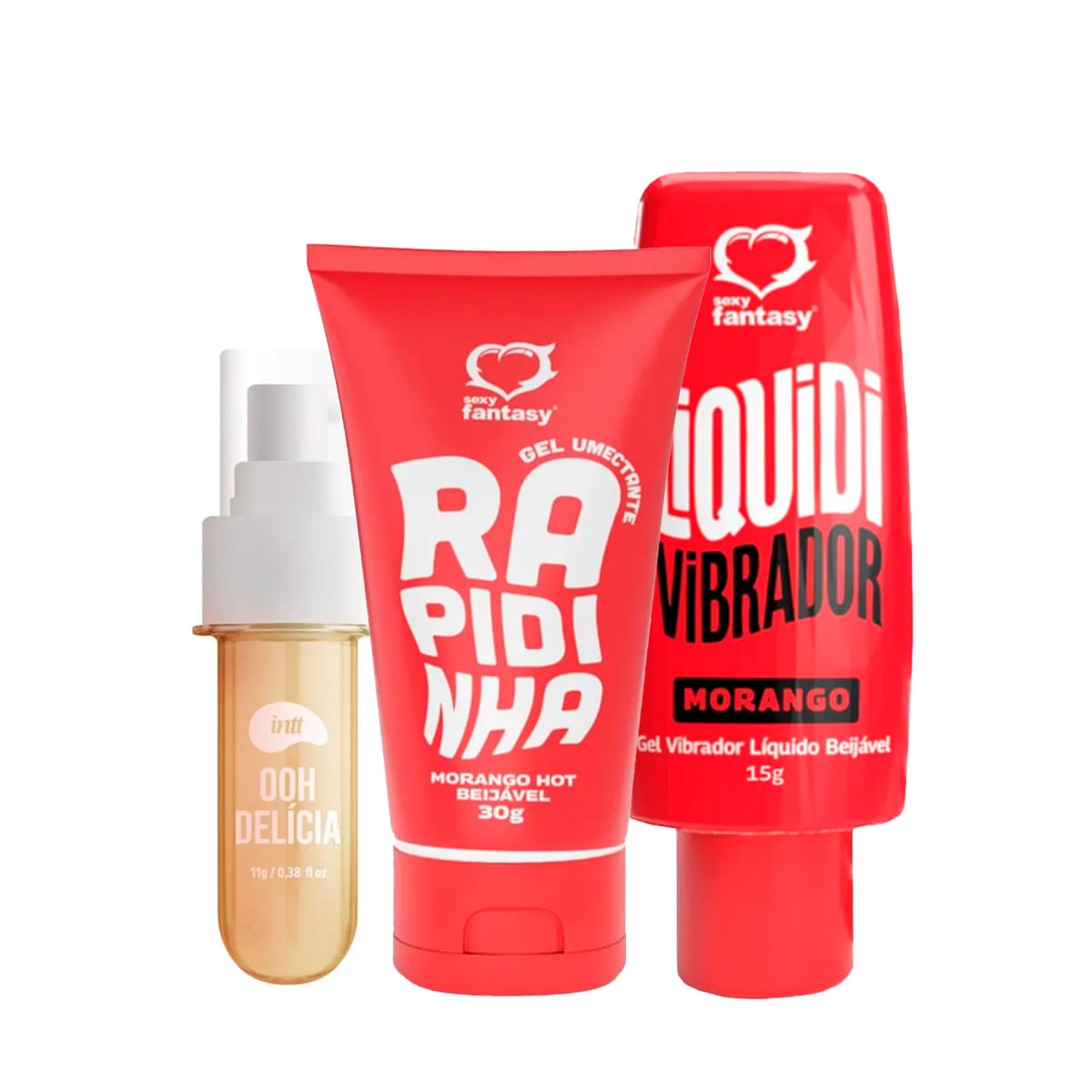 Kit com OOH Delícia Calda Picante Lubrificante Beijável Rapidinha e Vibrador Líquido Liquidi