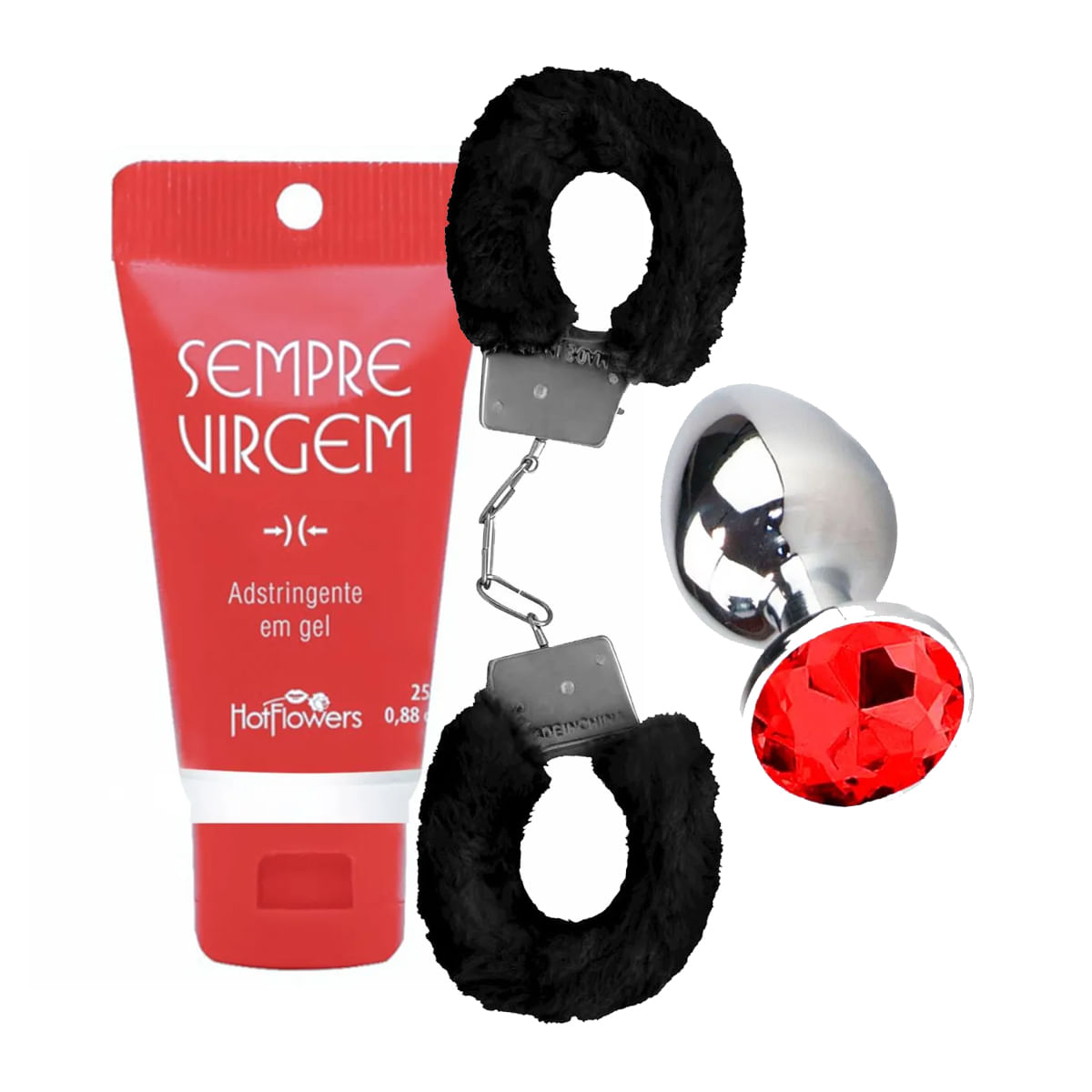 Kit com Adstringente Sempre Virgem Algema Fur Love Cuffs e Plug Anal