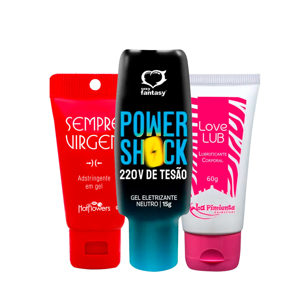 Kit com Sempre Virgem Lubrificante Love Lub e Power Shock 220 V de Tesão