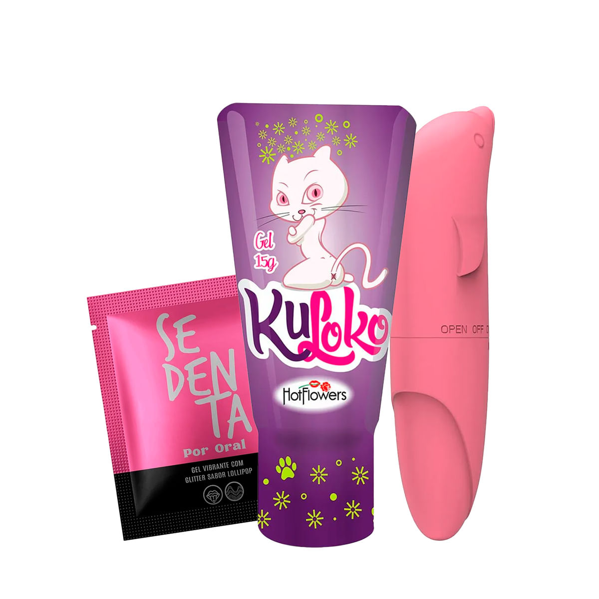 Kit com Vibrador Ponto G Golfinho Dessensibilizante Kuloko e Sachê Sedenta Por Oral